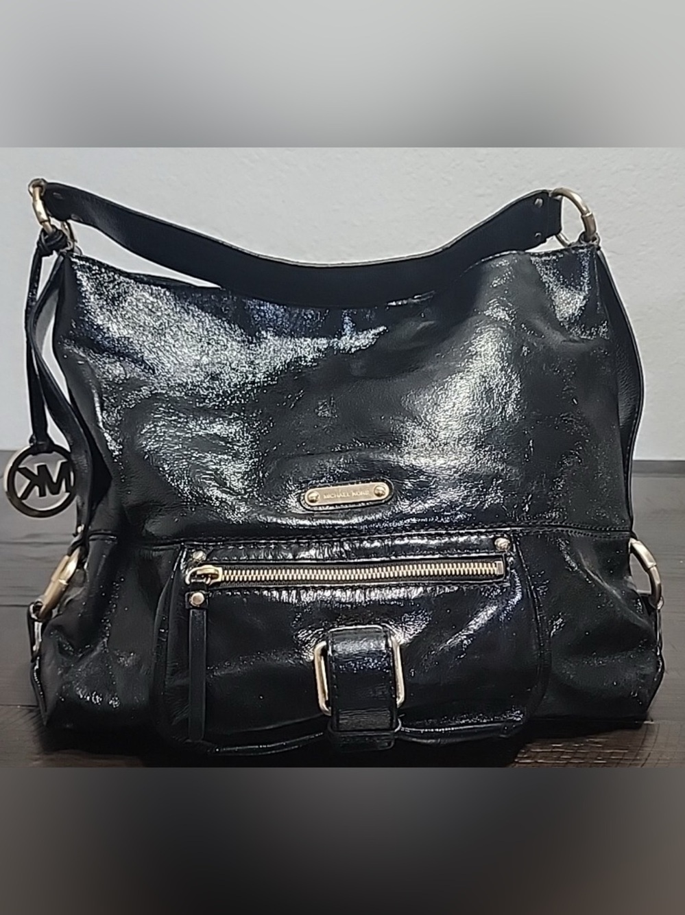 Michael Kors Austin Black Patten Slouchy Bag.